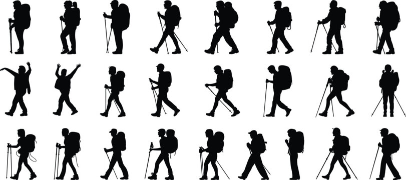 Silhouettes of hikers walking with backpacks and trekking poles, outdoor adventure, hiking, nature exploration, active lifestyle, trekking, and wilderness concept.