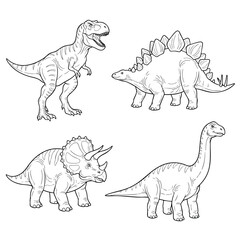 Handdrawn collection of four popular dinosaurs in a black and white sketch style. © Vhya
