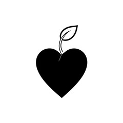 Fototapeta premium A poetic black and white icon of a leaf or sprout growing directly from a heart. This symbolic image represents the profound growth and blooming that occurs from within, especially in quiet