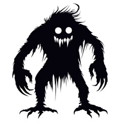 Obraz premium Black silhouette monster with shaggy fur, sharp claws, and fangs standing full body, creepy spooky creature vector illustration in flat minimalist style