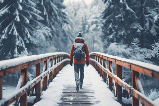 Solitary winter journey: A traveler's passage across a snow-covered bridge - Powered by Adobe