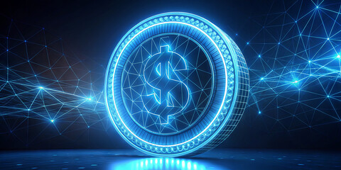 A glowing digital coin with a dollar sign is prominently displayed against a dark background. Blue lines connect in a network pattern, symbolizing blockchain technology and finance