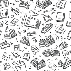 Seamless hand drawn pattern of open and closed book doodles with pages flipping in sketch style simple black and white reading design background texture