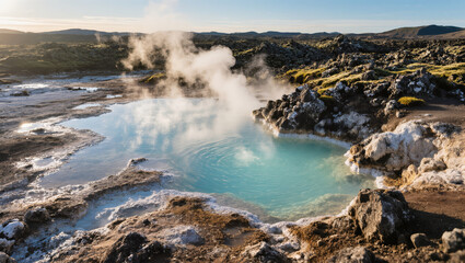 Obraz premium Geothermal hot spring in volcanic landscape at sunset.