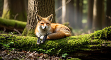 Fototapeta premium red fox sitting on a tree
