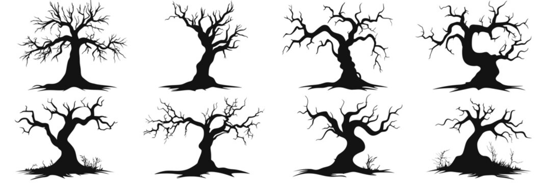 Set of eight black and white twisted bare haunted trees with eerie branches and minimalist flat vector style Halloween spooky designs for fall season decorations and horror themes