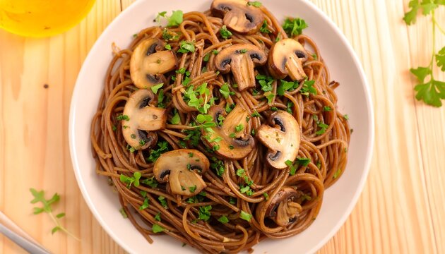 Brown spaghetti with mushrooms and herbs on a plate