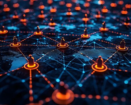 Abstract digital network connecting glowing figures across a stylized world map symbolizing global communication and connectivity
