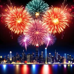 Brilliant multicolor fireworks display with vibrant bursts of light across the night sky, reflecting over a city skyline and creating a dazzling festival celebration atmosphere.