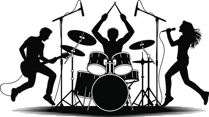 Fototapeta premium Energetic rock band performing live on stage, silhouette of guitarist, drummer, and female singer with microphones, musical instruments, concert vibes