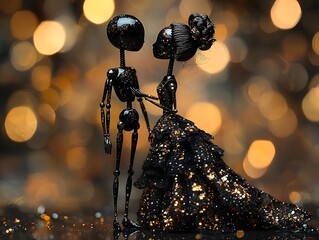 A dark stylized couple in elegant glittering attire dances amidst soft golden bokeh lights evoking a sense of fantasy and luxury