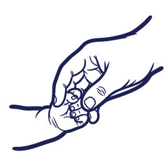 Minimalist blue line art illustration of a parents hand gently holding a babys tiny hand.