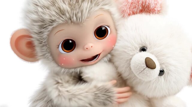 Charming cartoon monkey with teddy bear playful friendship concept