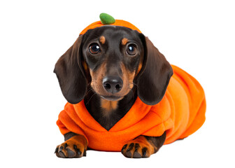 Adorable dachshund dog wearing a cute orange pumpkin costume isolated on transparent background