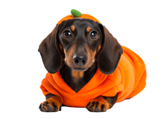 Adorable dachshund dog wearing a cute orange pumpkin costume isolated on transparent background