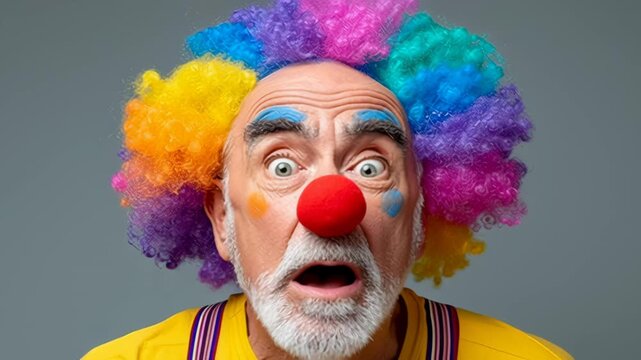 Man with a clown wig and red nose is looking at the camera. He has a sad expression on his face