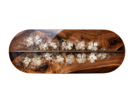 Oval wooden coffee table with floral inlay