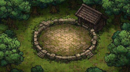 Circular clearing in a forest, with a small wooden hut