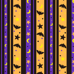 Seamless Halloween striped pattern with orange, purple, and black vertical lines decorated with bats, stars, and crescent moons. Great for wrapping paper, fabric, banners, and festive seasonal designs