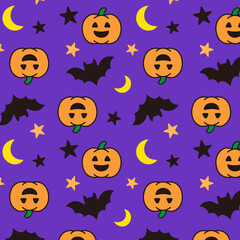 Seamless Halloween pattern featuring pumpkins, bats, stars, and crescent moons on a purple background. Perfect for wrapping paper, party decorations, invitations, posters, and seasonal design projects