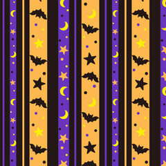 Seamless Halloween striped pattern with orange, purple, and black vertical lines decorated with bats, stars, and crescent moons. Great for wrapping paper, fabric, banners, and festive seasonal designs
