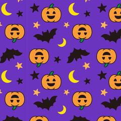 Seamless Halloween pattern featuring pumpkins, bats, stars, and crescent moons on a purple background. Perfect for wrapping paper, party decorations, invitations, posters, and seasonal design projects