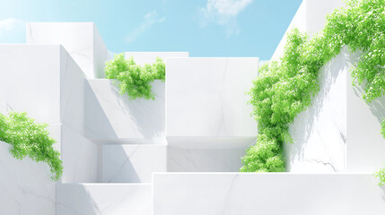 White cubic architecture overrun by green climbing plants under blue sky. Suitable as background or concept for ecofriendly construction designs.