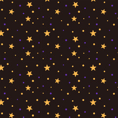 Seamless Halloween star pattern with orange and purple stars and dots on a black background. Perfect for wrapping paper, backgrounds, fabric, party invitations, posters, and seasonal graphic design.