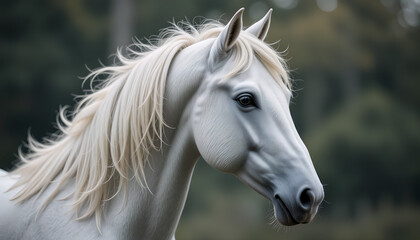 Obraz premium A majestic white horse with a flowing mane stands against a blurred green forest backdrop, conveying grace and strength in a serene setting.