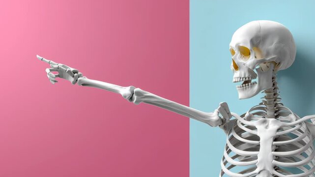 Skeleton is standing in front of a pink wall. The skeleton is wearing yellow glasses. The image has a creepy and eerie mood
