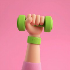 A cartoon - style hand holds a green dumbbell, wears a green wristband, with a pink - sleeved arm against a pink background.