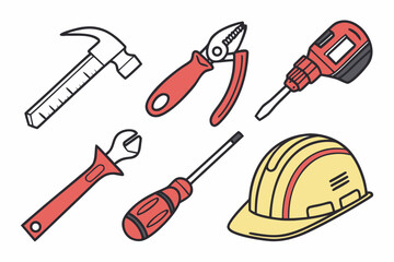 Construction tools and equipment icons drawing