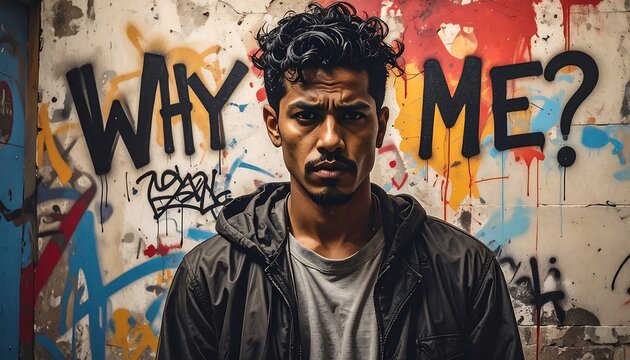 Serious man in front of a graffitied wall