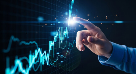 Hand Interacting With A Digital Financial Stock Market Graph Data Visualization