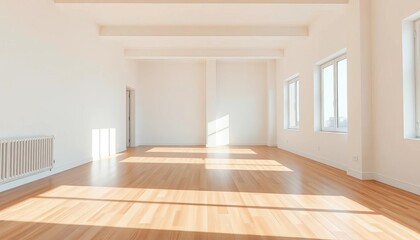 Fototapeta premium Empty, sunlit apartment with bare floors and white walls, new, architecture