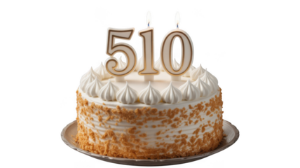 Golden number 510 candles on a delicious layered cake isolated on transparent background