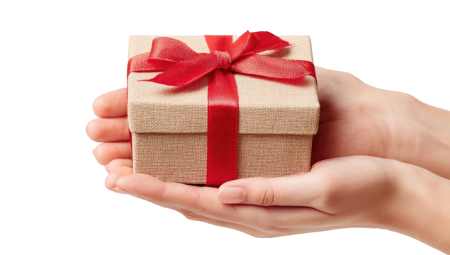 Hands holding a small, light beige gift box tied with a red ribbon