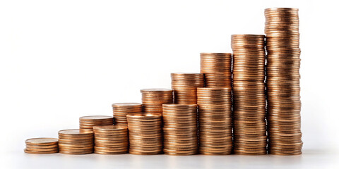 Various stacks of coins arranged in ascending order demonstrate the growth of savings. This visual representation illustrates financial progress, highlighting the importance of investing