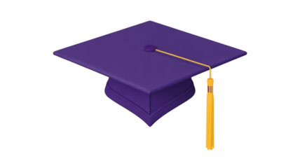 Purple graduation cap with gold tassel isolated on transparent background