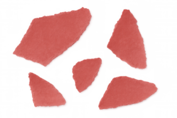 Ragged coral paper fragments overlapping, casting shadows against transparent backdrop, forming textural asymmetric design
