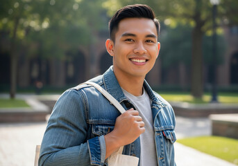 Man in denim shirt carrying tote bag