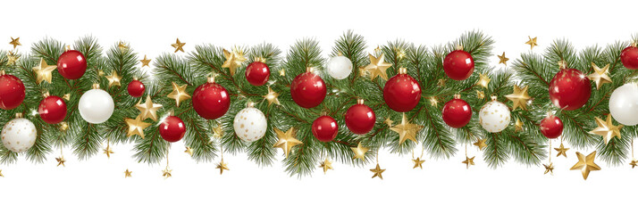 Christmas garland with red and white ornaments and gold stars on a dark background