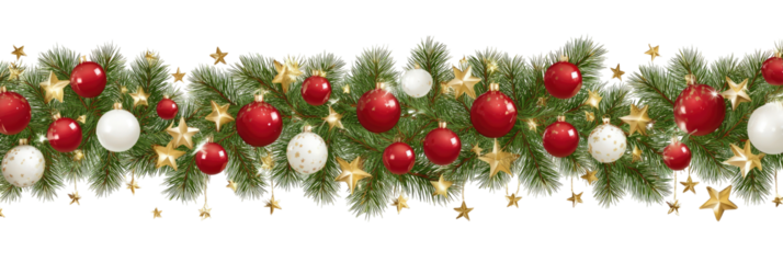 Christmas garland with red and white ornaments and gold stars on a dark background