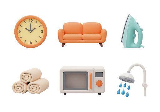 3d icon of set of six household object icons, including a clock, sofa, iron, towels, microwave, and shower head, isolated on transparent background