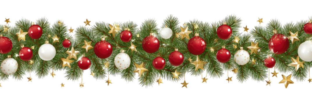 Christmas garland with red and white ornaments and gold stars on a dark background