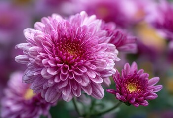 Obraz premium Close - up of vibrant pink - purple chrysanthemum flowers with a soft blurred background, showcasing delicate petals and floral details.