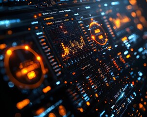 Futuristic digital dashboard displays complex data graphs and glowing indicators representing advanced technology and data analysis