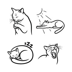 Set of four black and white line art illustrations of a cat in various daily activities.