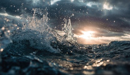 Dramatic ocean waves crashing, sunlight piercing through stormy clouds