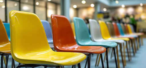 A captivating array of colorful chairs arranged in a neat row, creating a visual rhythm